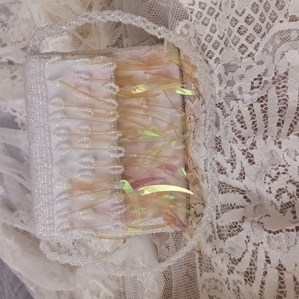 BRIDAL BEADED MINI BAG WITH IRRIDESCENT PLASTIC FEATHER LIKE EMBELLISHMENTS
